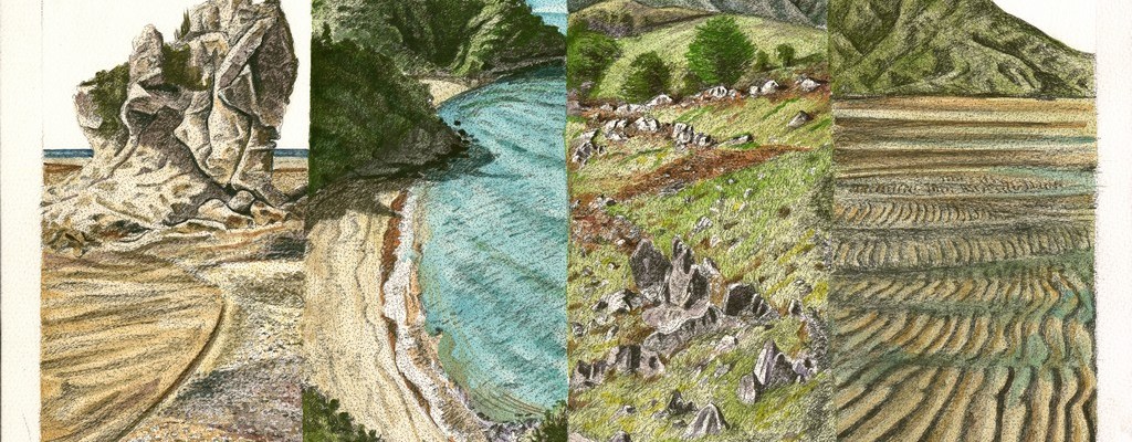 Looking to Marahau painting by Patrick White showing four different scenes of the coastlne around Marahau New Zealand