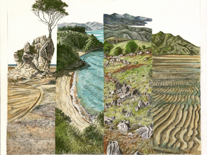 Looking to Marahau painting by Patrick White showing four different scenes of the coastlne around Marahau New Zealand