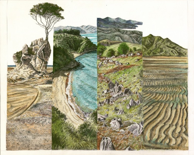 Looking to Marahau painting by Patrick White showing four different scenes of the coastlne around Marahau New Zealand