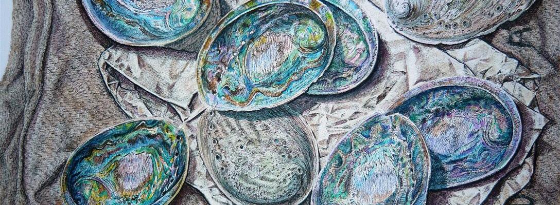 Patrick White painting of a sack with paua