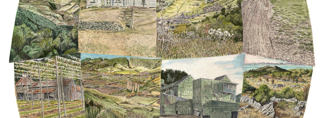Patrick White - Over The Hill painting of a bunch of different scenes of the Takaka hill