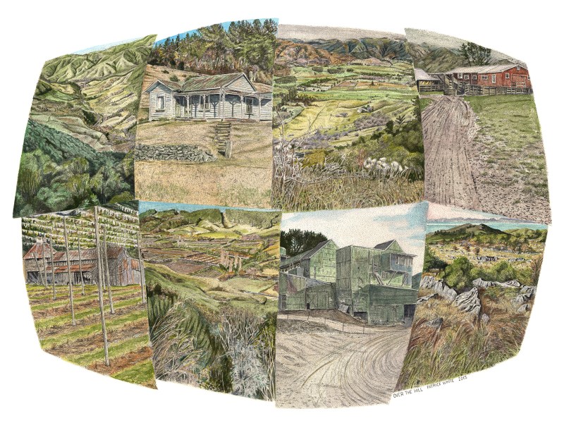Patrick White - Over The Hill painting of a bunch of different scenes of the Takaka hill